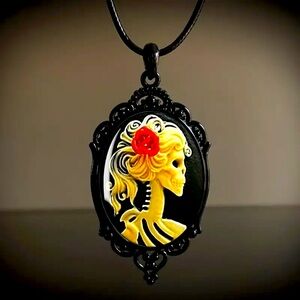 Victorian Gothic Skull Red Rose Queen Pendant Oval Glass, Faux Leather Necklace